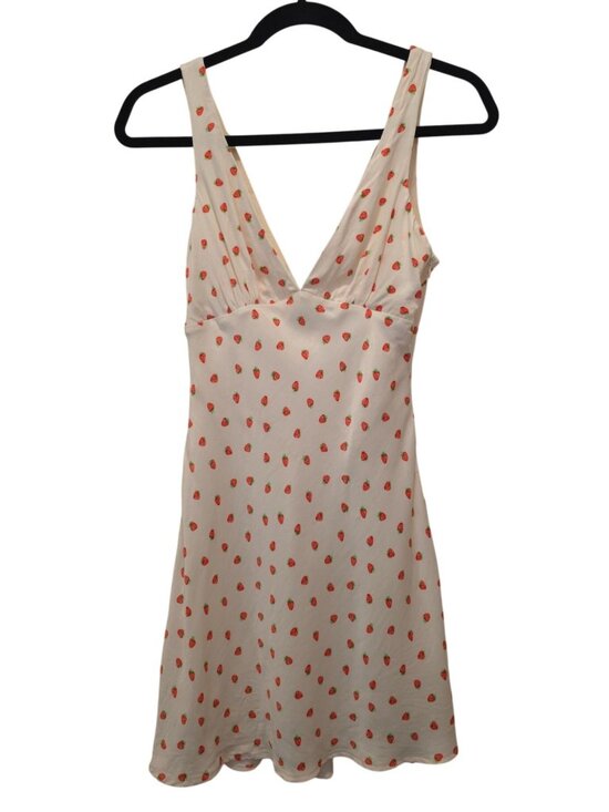 Zara Dresses & Skirts - Zara Strawberry Print V-Neck Sleeveless Cream Satin Mini Summer Dress XS